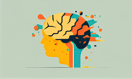 Mental health concept, human brain in colorful colors, imagination and inspiration in a minimalistic flat style. Generative AI.の素材
