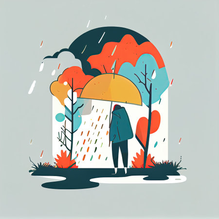 Mental health concept, a lonely man with an umbrella in the rain, depression, psychological problems and stress in a minimalistic flat style, back view. Generative AI.の素材