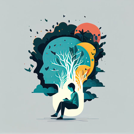 Mental health concept, double face portrait of a woman with bipolar personality disorder or mood and attention disorder in a minimalistic flat style. Generative AI.の素材