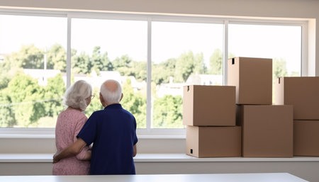 Elderly couple hugging in a new house with things packed in boxes, moving concept, back view, AI generated.の素材
