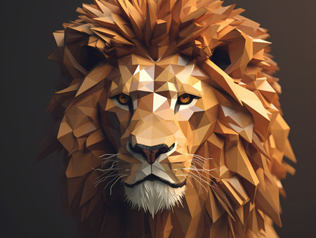 Low poly style portrait of a lion on a dark background, generated by AI.の写真素材
