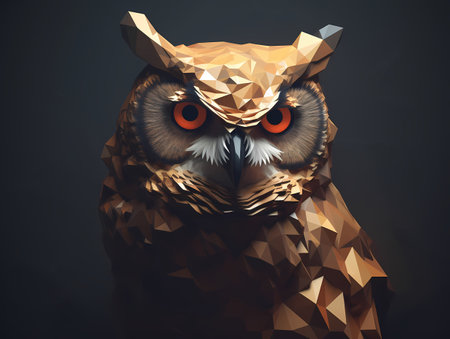Portrait of an owl bird in low poly style on a dark background, AI generated.の写真素材