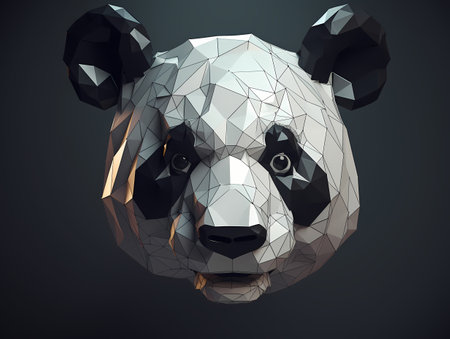 Low poly panda portrait on a dark background, AI generated.の素材