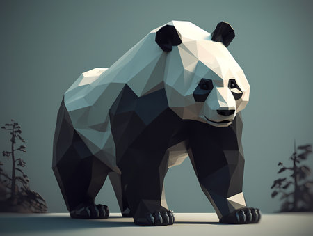 Low poly panda portrait and bamboo, AI generated.の素材