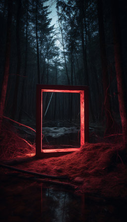 Mystical glowing neon light creepy square or portal in the forest, AI generated.の素材