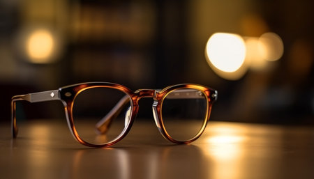 Frame glasses animal print leopard or tiger on the table on a blurred background. Generative AI.の素材