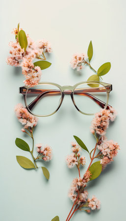 Translucent Frame of glasses of round shape on a pastel turquoise background and flowers top view. Generative AI.の素材