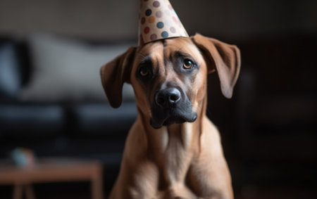 Pet dog in a birthday cap wearing a hat in a home interior. Generative AI.の素材