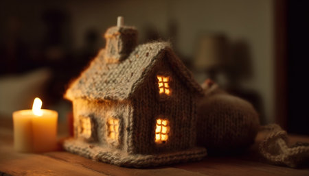 House insulation concept, Knitted warm house made of wool with evening lights in the windows, AI generated.の素材