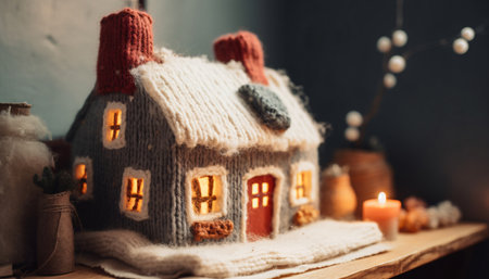 Miniature knitted warm house made of wool, home insulation concept, AI generated.の素材