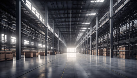 Modern warehouse with racks, boxes and containers, AI generated.の素材