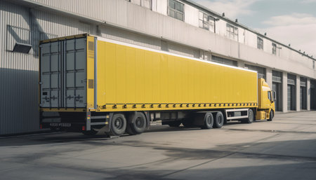 Cargo truck with a semi-trailer being unloaded in a modern warehouse, AI generated.の素材