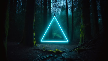 Mystical glowing neon light creepy triangle or portal in the forest, AI generated.の素材