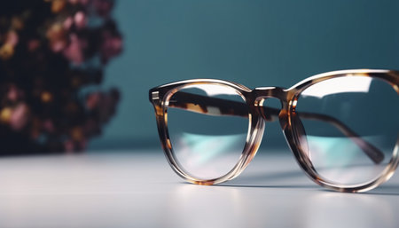 Frame glasses animal print leopard or tiger on the table on a blurred background. Generative AI.の素材