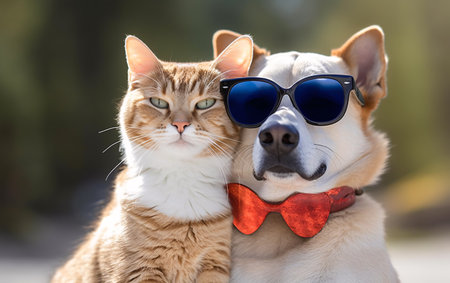 Cat and dog pets in sunglasses outdoors. Generative AI.の素材