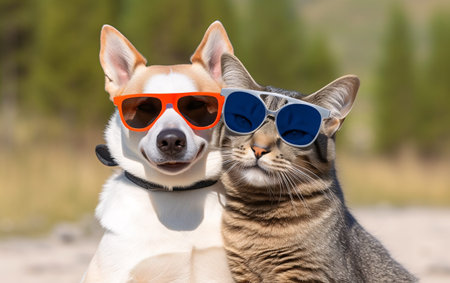 Cat and dog pets in sunglasses outdoors. Generative AI.の素材