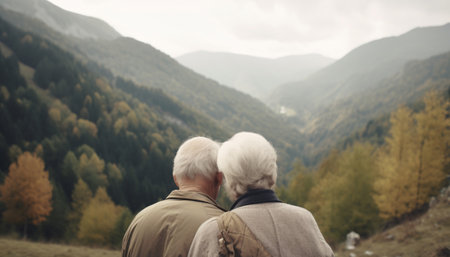 Elderly senior couple hugging while walking or traveling in the mountains, back view, AI generated.