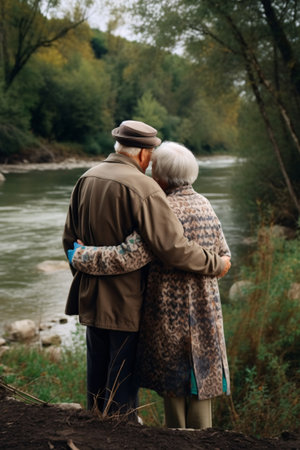 Elderly senior couple hugging while walking or traveling by the river, back view, AI generated.の素材