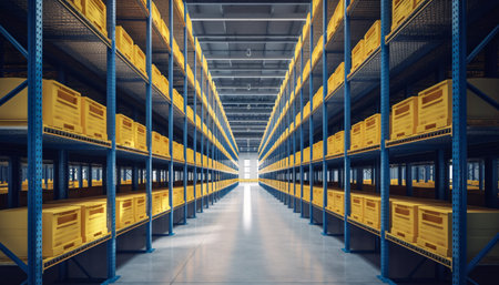 Modern warehouse with racks, boxes and containers, AI generated.の素材