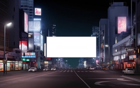 Billboard with blank mock up on the street of the night city, generated by AI.の素材
