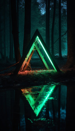 Mystical glowing neon creepy triangle or portal over water or lake in the forest, AI generated.の素材