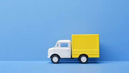 Yellow cartoon Cargo truck with blank side mock up on blue background, AI generated.の素材