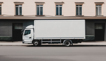 Cargo truck with blank side mock up on city streets, AI generated.の素材