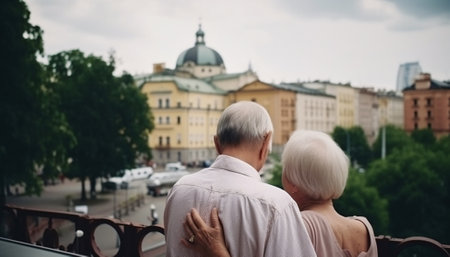 Elderly senior couple hugging and walking or traveling in the summer city, back view, AI generated.の素材