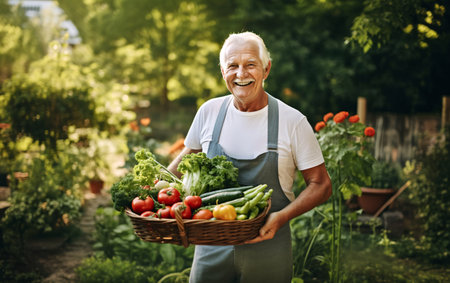 Elderly senior man gardener with a basket of fresh vegetables in the backyard, Autumn harvest concept.の素材