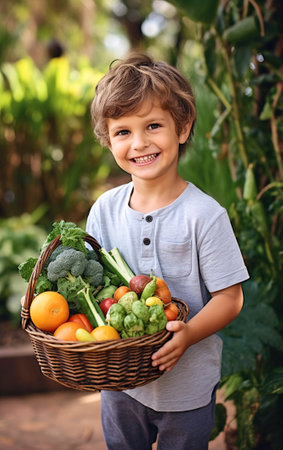 Autumn harvest concept, Happy little child boy gardener in the backyard with a basket of fresh vegetables in his hands.の素材