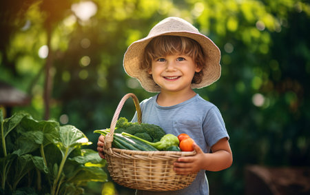 Autumn harvest concept, Happy little child boy gardener in the backyard with a basket of fresh vegetables in his hands.の素材