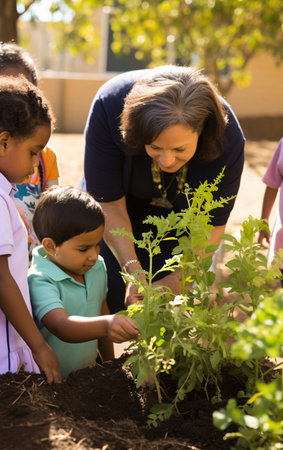 Back to school, multiethnic diversity school, teacher and children gardening together in the school garden.の素材