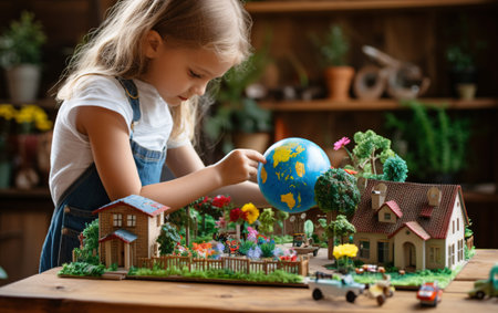 Girl schoolgirl doing homework environmental project about environmental protection in the classroom, back to school concept.の素材