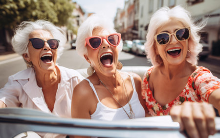 Company of three elderly girlfriends of pensioners ride a cabrio car together and have fun.の素材