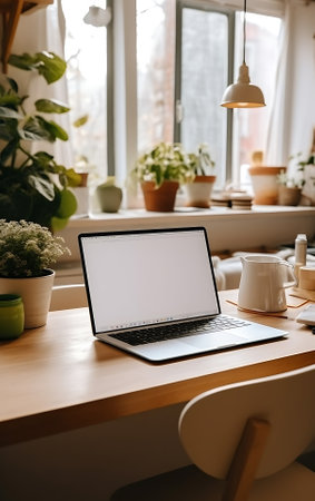 Laptop blank screen, cozy workplace at home in the kitchen, remote work concept.の素材