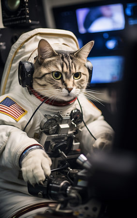 Cat astronaut in a spacesuit in a spaceship plows the expansions of the universe.の素材