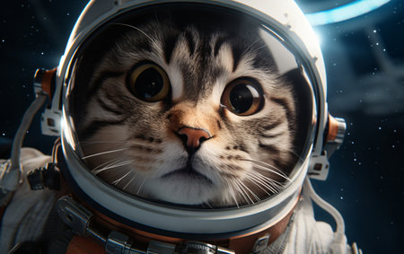 Cat astronaut in a spacesuit in outer space travels across the expansions of the universe.の素材