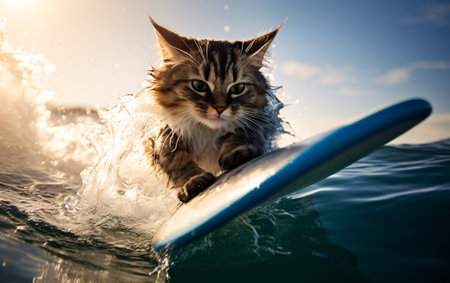 The cat is surfing, catching a wave, active recreation and lifestyle concept.の素材