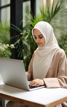 Young arab woman in hijab using laptop in cafe or coworking space, remote work concept.の素材
