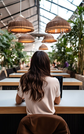 Remote work using laptop woman in cafe or coworking space back view.の素材