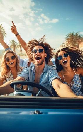 A group of friends travel together in a cabriolet through a modern European city.の素材