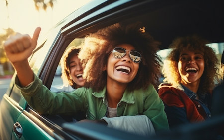 Portrait of a beautiful African American young woman traveling by car with her cheerful girlfriends.の素材