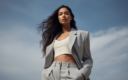 Portrait of a beautiful strong confident young woman in a suit, bottom view against the sky.の素材