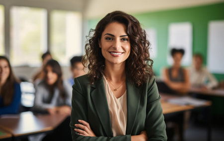 Portrait of a young female teacher at work in a classroom with students, strong woman concept.の素材