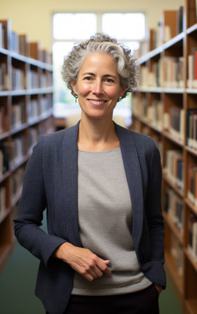 Portrait of an elderly woman Professor, teacher or librarian at work, strong woman concept.の素材