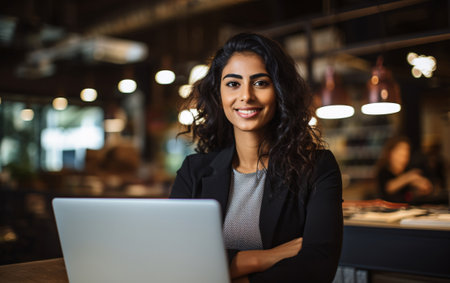 Portrait of young Indian smiling businesswoman using laptop in office, strong women concept.の素材