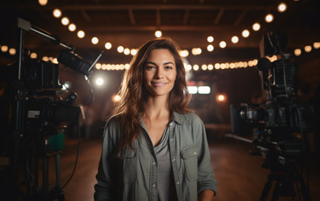 Portrait of a beautiful young woman videographer against the background of video cameras, strong women concept.の素材