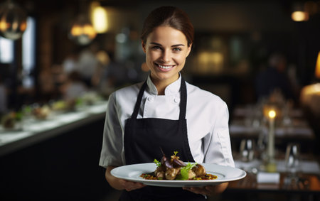 Portrait of a female chef in a restaurant with a dish, strong women concept.の素材