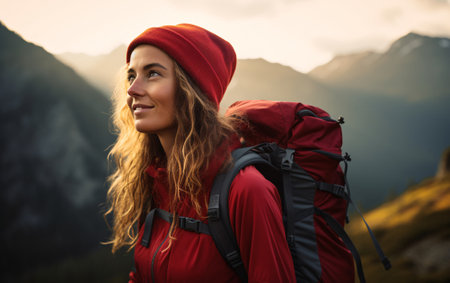 Portrait of an actively engaged strong woman with a backpack on a hiking trip in the mountains.の素材
