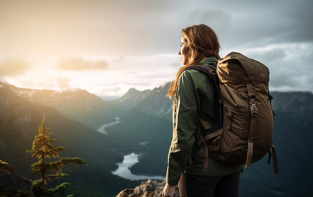 Back view of woman with backpack hiking in the mountains, strong woman concept.の素材